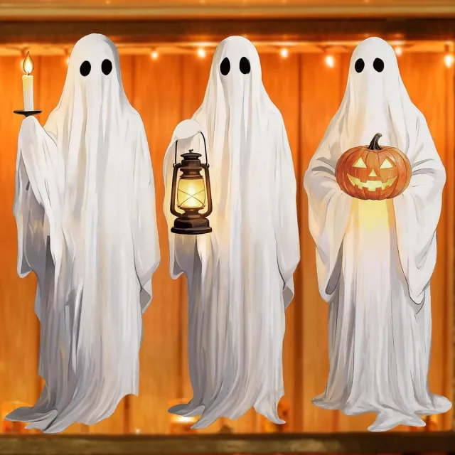 PZCC Halloween raamstickers met spoken - Raamstickers met pompoenen in vintage thrillerstijl - Voor feestdecoratie en decoratie in en om het huis - Zelfklevende raamsticker - 30 x 90 cm wit