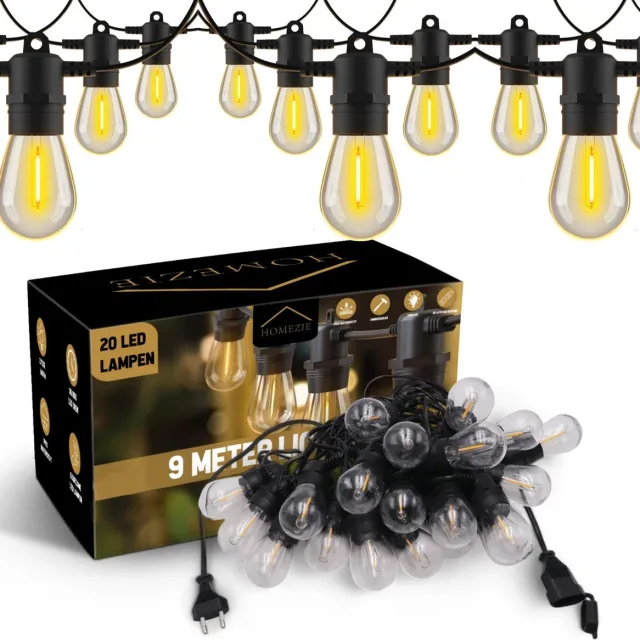 Homezie Lichtsnoer | 9 meter met 20 Kunststof S14 LED lampen | IP65 Waterdicht | Warm wit | Koppelbaar & Dimbaar | Tuinverlichting