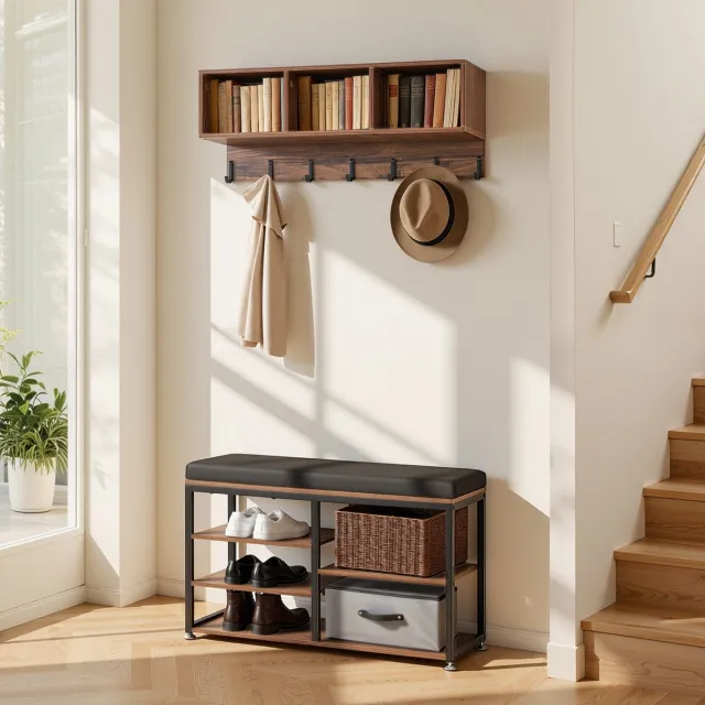Vevor Kapstok met Bankje, Combinatie Schoen- en Kapstok met Haken en Plank, Wandkapstok, Schoenrek met Opbergruimte (5 Vakken), voor Hal, Slaapkamer, Kantoor Bruin