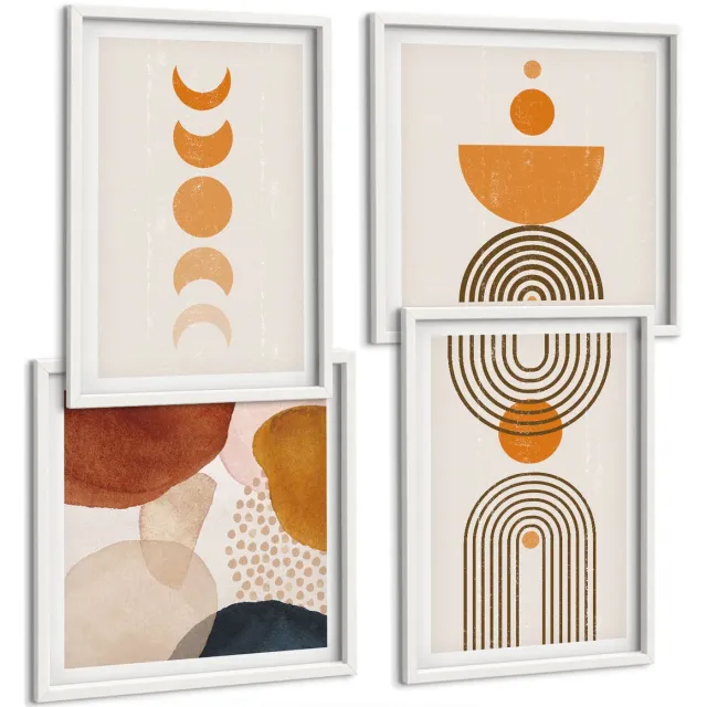 Coloray 4-Delige Schilderij Set - Boho Minimalistisch Decoratief Ontwerp - 40 x 40 En 40 x 60 - Muurdecoratie - Schilderijen Set - Woonkamer - Interieur Decoratie Witte lijst