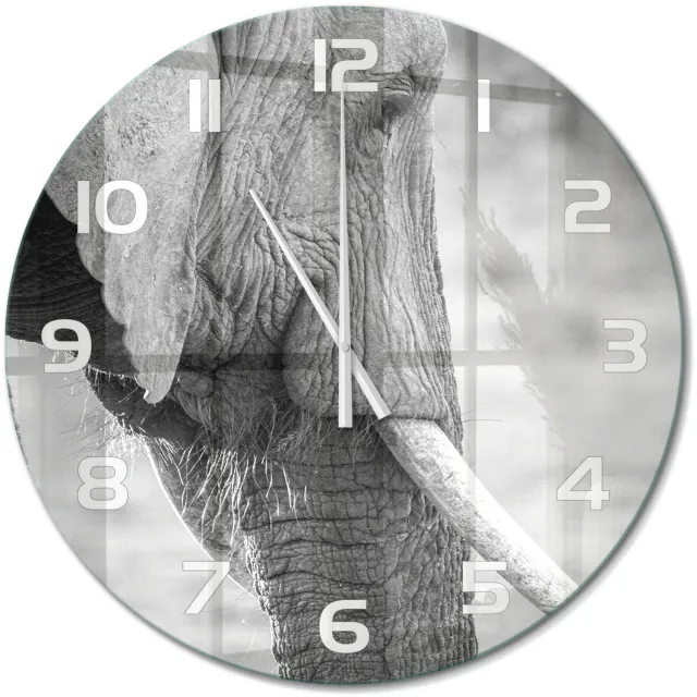 TULUP Wandklok - Olifant Moderne Wandklok Glas - fi60 cm - Zwart-wit Wandklok Glas Decoratie - Witte handen - Ronde Klok - Glazen Wandklok Design - Klok Glas Met Opdruk