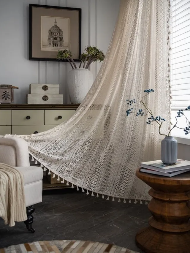 Floraweg Boho gordijnen voor woonkamer vintage kwastje haak kanten gordijnen panelen voor slaapkamer raam boerderij retro holle pure gordijnen, 59 "w × 86" l （150 cm x220cm））-gebroken wit Beige