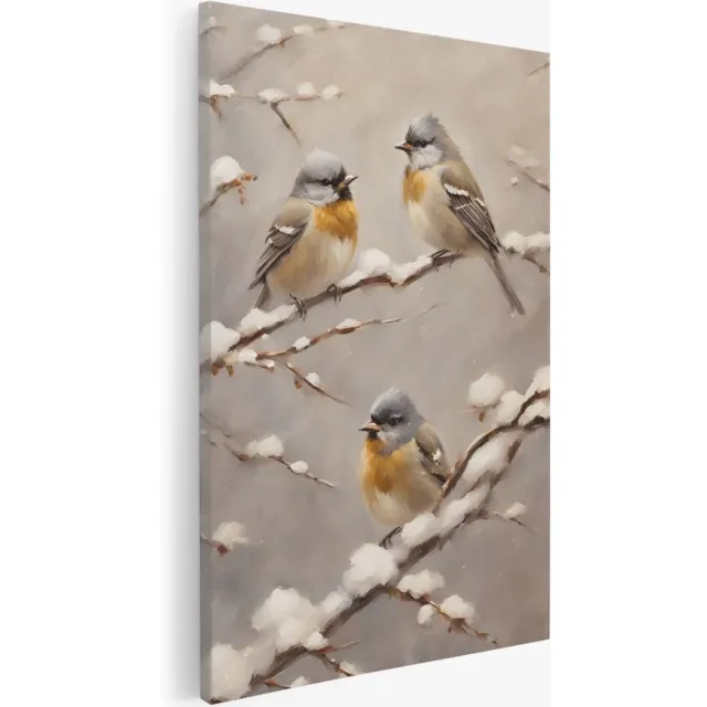 Saammp Canvas Schilderij - Vogels op takken - Winter - Bloemen - Abstract - 60x90 - Foto op canvas - Wanddecoratie - Muurdecoratie Woonkamer - Kantoor Decoratie Multicolor