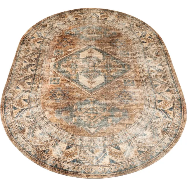 Veer Carpets Vloerkleed Laria Blue 1 - Ovaal 160 x 230 cm - Vintage Design Ovaal Vloerkleed met Medaillon Patroon Bruin