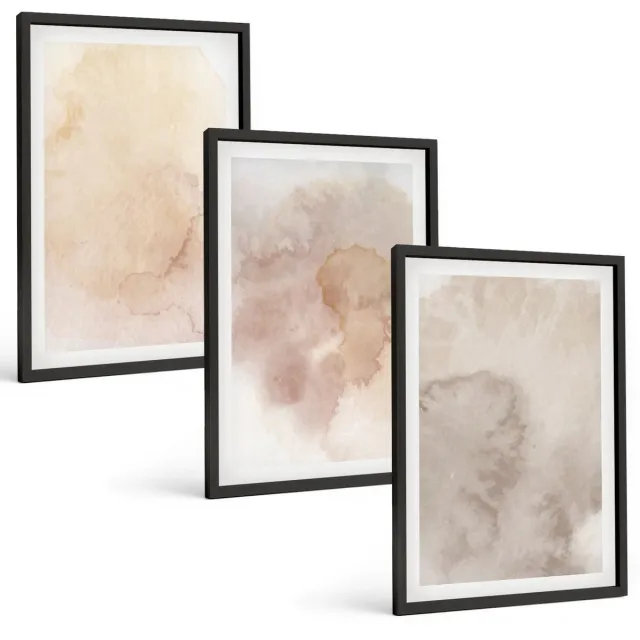 Coloray 3-Delige Schilderij Set - Warme Aquarelverf Op Canvas, Pasteltexturen - 40 x 60 cm - Moderne Wanddecoratie - Slaapkamer - Decoratieve Schilderijen Zwarte lijst