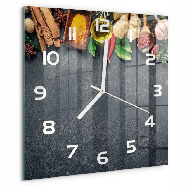 TULUP Wandklok - Kruiden en specerijen Gekleurde Glazen Klok - 30x30 cm - Veelkleurig Glazen Klok Met Print - Witte handen - Vierkante Klok - Moderne Wandklok Glas - Wandklok Glas Decoratie