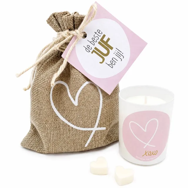 Memories Are Timeless Juf Cadeau Met Kaars En Zeephartjes - De Beste Juf Ben Jij - Einde schooljaar bedanken Juf Jute zakje met kaars