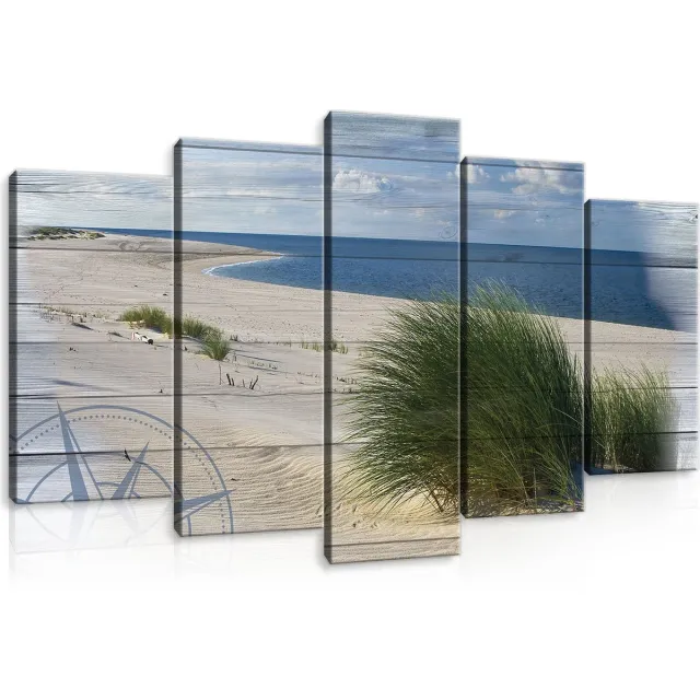 Canvas Schilderij - Duinen - Strand - Hout - Gras - Zee - Oceaan - Water - Wolken - Inclusief Frame - 100x60cm (lxb) - 5 Luiks Wit
