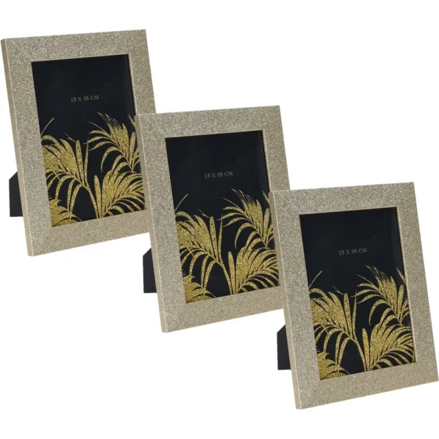Home & Styling 3x stuks houten fotolijst met gouden glitters 22 x 17 cm geschikt voor een foto van 13 x 18 cm Goudkleurig