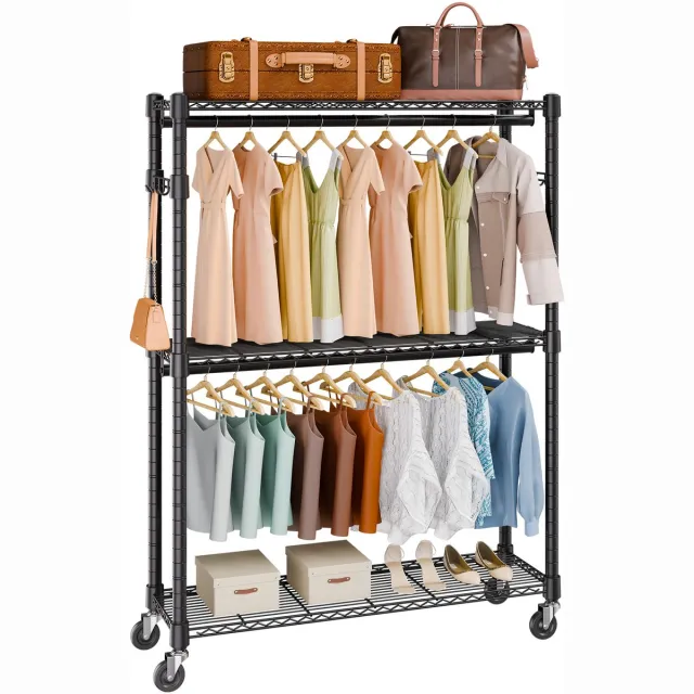 Vevor 3-Laags Rollend Kledingrek Kapstok Kledingstangen, 204cm Hoog Stalen Kledingrek 182 Kg Belastbare Zware Standaard voor Slaapkamer, Wasruimte, Kleedkamer Enz. Zwart