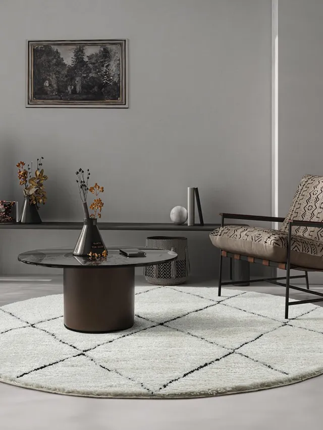 the carpet Bahar Shaggy – Hoogpolig vloerkleed in Scandinavische stijl, zwart-wit, 160 cm rond zwart-wit met ruitpatroon
