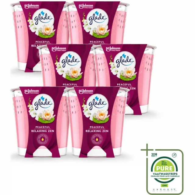 Glade 6 x Glade - Geurkaars Relaxing Zen - 100% Raapzaadwas - 112 g - Grootverpakking - Vaatwasstrips - Geurkaars Rust - Geurkaars Ontspanning - Geurkaars Zen - Geurkaars Natuurlijk - Geurkaars Vegan lichtblauw