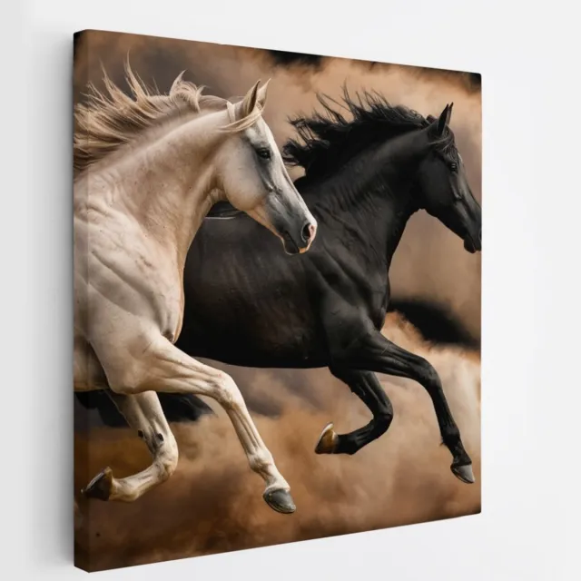 Saammp Canvas Schilderij - 2 Paarden tussen de stof wolken- Dieren - Natuur - 20x20 - Foto op canvas - Wanddecoratie - muurdecoratie Woonkamer - Slaapkamer decoratie - Canvas Print Multicolor