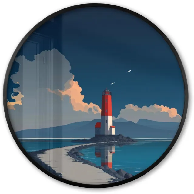 FrameYourWall Poster in lijst Rond - Fotolijst 80x80 cm - Posters - Vuurtoren - Zee - Wolken - Ronde posterlijst zwart - Decoratie - Wanddecoratie woonkamer - Muurdecoratie slaapkamer