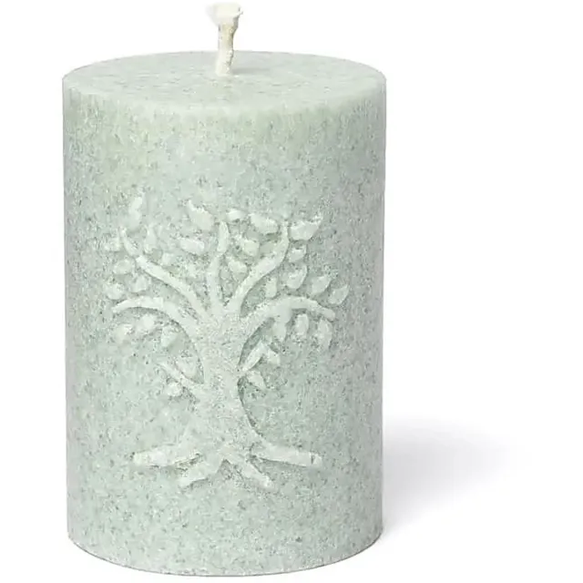Phoenix Import Mani Bhadra Votiefkaars met reliëf Levensboom stearine saliegroen – ø5.5 cm x 8 cm