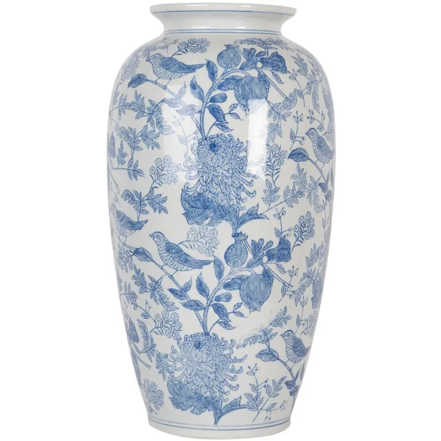 Clayre & Eef Vaas Ø 19x37 cm Wit Blauw Keramiek Vogels op Takken
