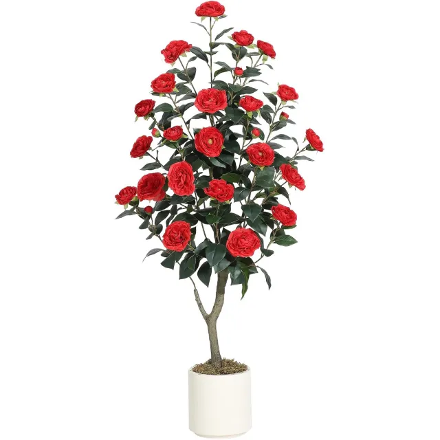 Triumpunpre Kunstcamelia 120 cm Rood, Bloeiende Kunstplant op Stam voor Woonkamer en Kantoor