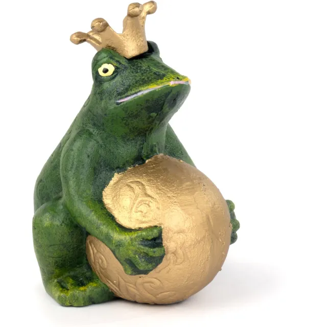 Moritz Tuinbeeld Kikker met Kroon - Gietijzer - 15 cm hoog - Groen Goud Antiek - Kikkerbeeld zittend met gouden bal en gegraveerd ornament - Geschikt voor binnen en buiten - Tuindecoratie voor border, terras en vijverrand - 1 stuk groente
