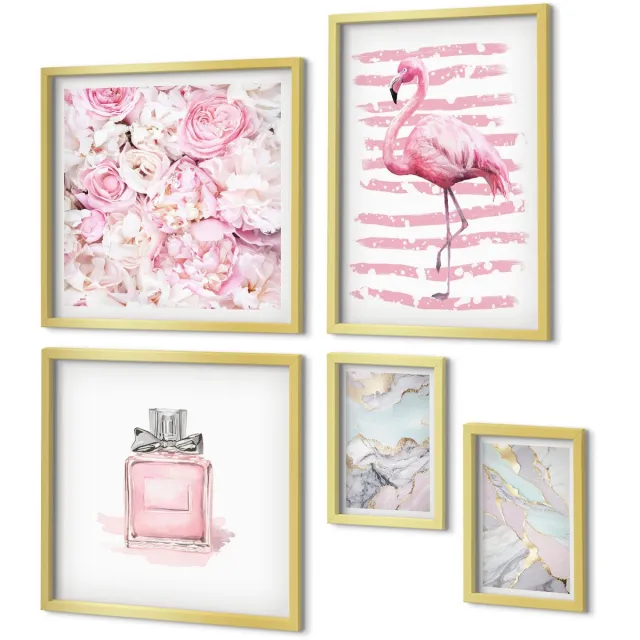 Coloray 5-Delige Schilderij Set - Stijlvolle Accenten In Roze Tinten Met Bloemen En Flamingo'S - 50 x 50 cm, 20 x 30 cm En 40 x 60 cm - Moderne Wanddecoratie - Slaapkamer - Woonkamer Decoratie Gouden lijst