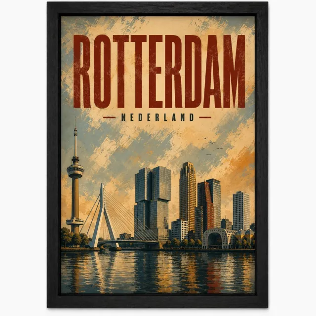 Joshimo Rotterdam Poster | Skyline Rotterdam | Art Style Wanddecoratie | Inclusief Zwarte A4 Lijst