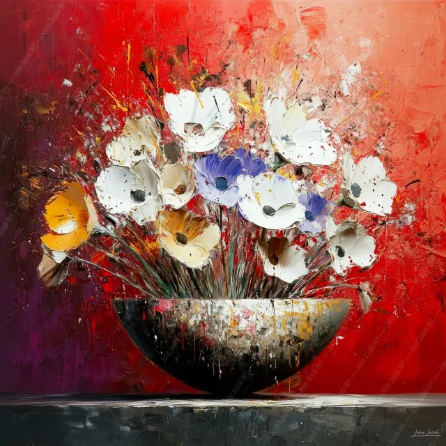 John Joseb Art (Canvas) 100x100 | Bloemen in een schaal, kleurrijk, abstract, grunge stijl, stilleven, kunst | vierkant, bloem, rood, wit, blauw, bruin, woonkamer, modern | Foto-Schilderij canvas print (wanddecoratie) Canvas, dikte 2 cm
