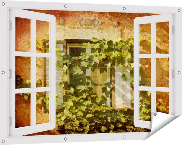 Gards Tuinposter Doorkijk Raam met Luiken - 120x80 cm - Tuindoek - Tuindecoratie - Wanddecoratie buiten - Tuinschilderij Wit