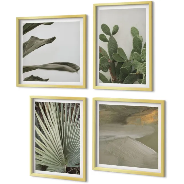 Coloray 4-Delige Schilderij Set - Bladeren van tropische planten in pastelkleuren - 40 x 40 cm en 40 x 60 cm - Moderne Wanddecoratie - Woonkamer - Interieur Decoratie Gouden lijst