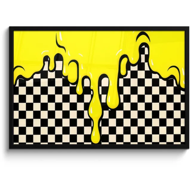 FrameYourWall Poster in lijst - Fotolijst 90x60 cm - Posters - Geblokt - Grafisch - Vloeistof - Geel - Posterlijst zwart - Decoratie - Wanddecoratie woonkamer - Muurdecoratie slaapkamer