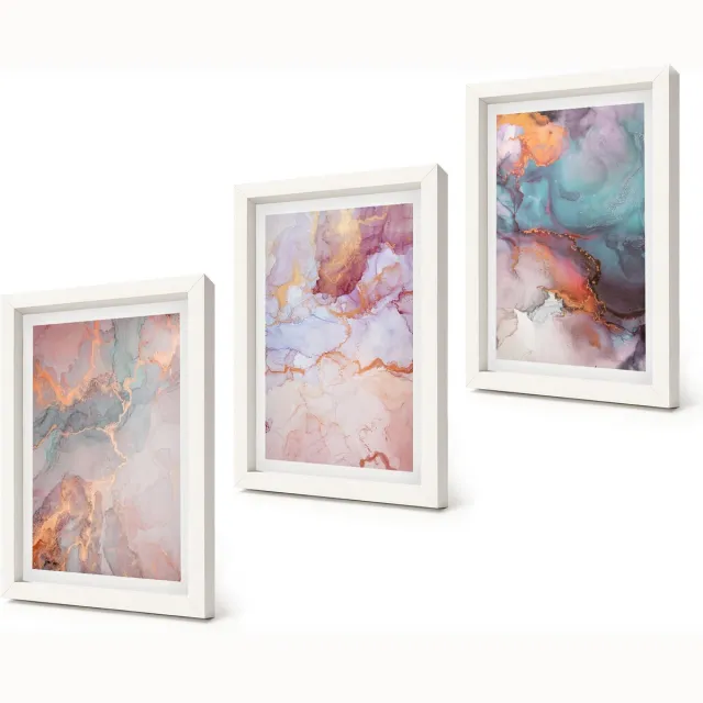 Coloray 3-Delige Schilderij Set - Abstracte patronen in pastelkleuren met accenten - 20x30 - Wanddecoratie - Woonkamer Decoratie Witte lijst