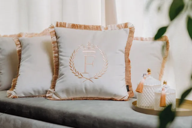 Sandra Mika Embroidered pillow / personalised pillow / monogram pillow / decorative cushion 40x 40 beige velvet letter F