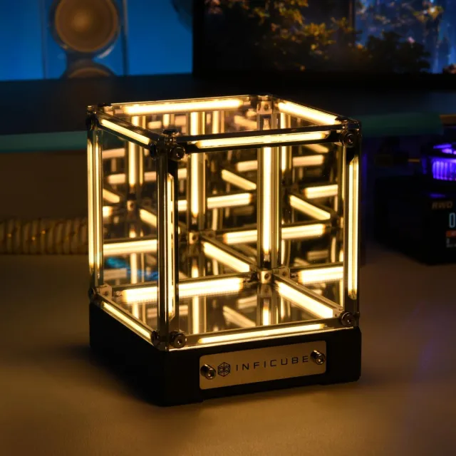Namajunas oneindige spiegel kubus lamp - USB-C oplaadbaar - traploos dimbaar - nachtlampje met technologische uitstraling - tafel decoratie - nachtlampje met vierdimensionale ruimte en afgrond - Creatief cadeau voor gamers en sci-fi-liefhebbers Transparant