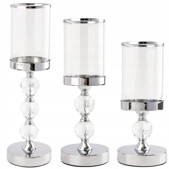 Hangzhou A Link Star Technology Glamour Stijl Kaarsenstandaard Set - 3 Stuks - Glas en Chroom - Decoratieve Kralen Transparant;Chroom