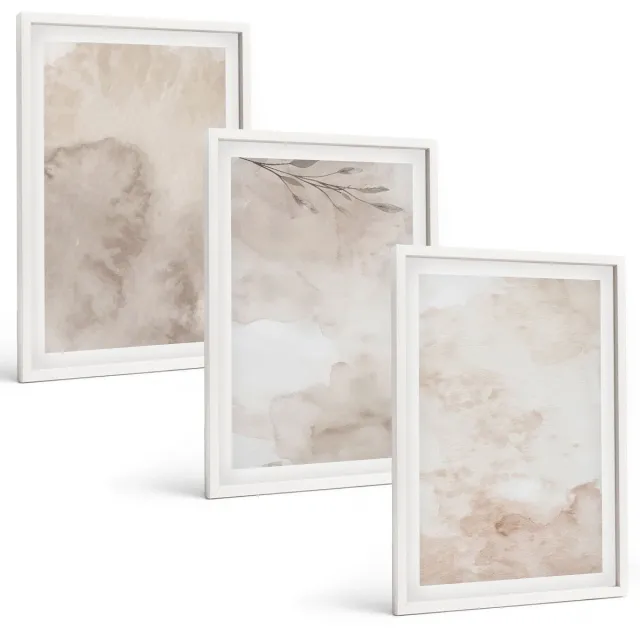 Coloray 3-Delige Schilderij Set - Textuur Van Gemorste Aquarelverf In Boho-Stijl - 40 x 60 - Wanddecoratie - Moderne Interieurdecoratie Witte lijst