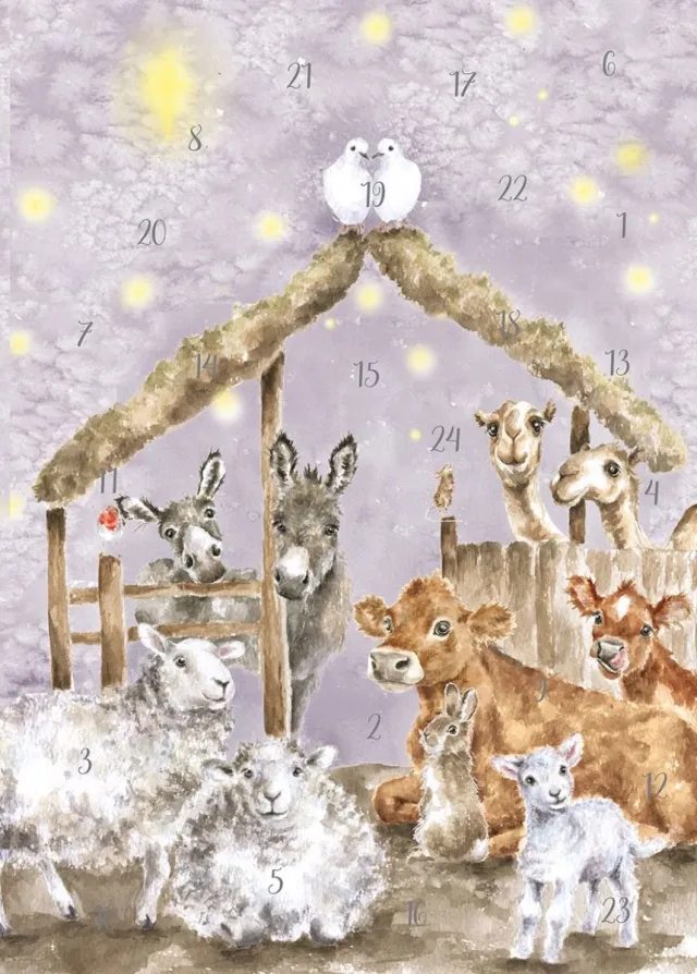 Wrendale Designs Adventskalender Kaart A4 Wrendale - Away in a Manger farmyard animal advent calendar Multi