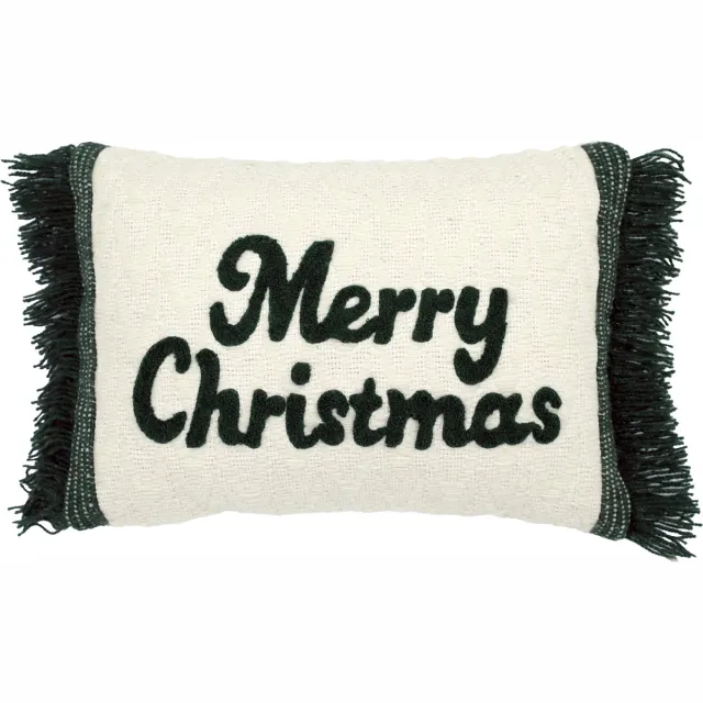 Urbane Hide Kerst Kussenhoes | Kussenhoezen | Kussenhoesjes | Christmas | Merry Christmas met franjes | 35x50 cm | Wol, Katoen | Creme & Donkergroen | Zonder binnenkussen Type G