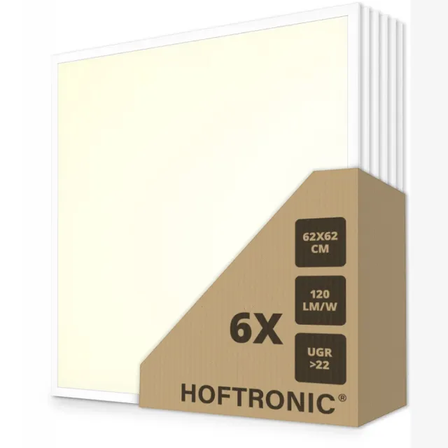 HOFTRONIC 6x LED Paneel - 62 x 62 cm - 36 Watt - 4320lm (120lm/W) - 3000K warm wit - Flikkervrij - UGR22 - 50.000 branduren - Incl. Philips Certa Drive driver