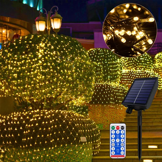 Froadp 6×2M Zonne LED netlichtslang warmwit, 8 lichtstanden met geheugenfunctie en lichtsensor, dubbel opladen via zonne-energie en Type-C USB, tuin en binnen decoratie