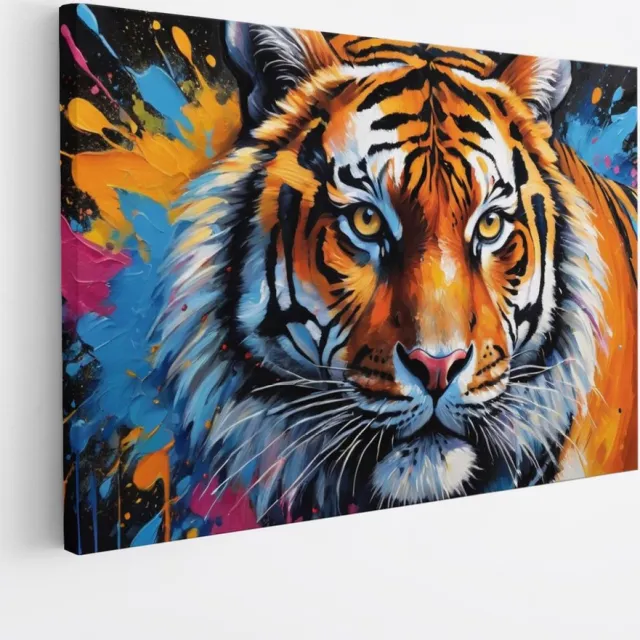 Saammp Canvas Schilderij - Kleurrijke Tijger - Verfspetters - Dieren - Abstract - 30x20 - Foto op canvas - Wanddecoratie - muurdecoratie Woonkamer - Slaapkamer decoratie - Canvas Print Multicolor