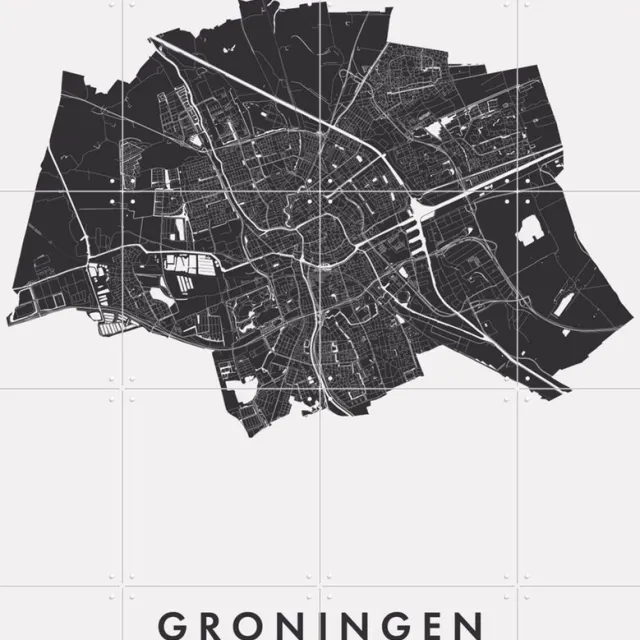 IXXI Groningen City Map, Kunst in Kaart - 80 x 100 cm - Grote wanddecoratie en posters - Grafisch Ontwerp, Technische Tekening, Line art, Minimalisme Zwart / Monochroom / Zwart en wit