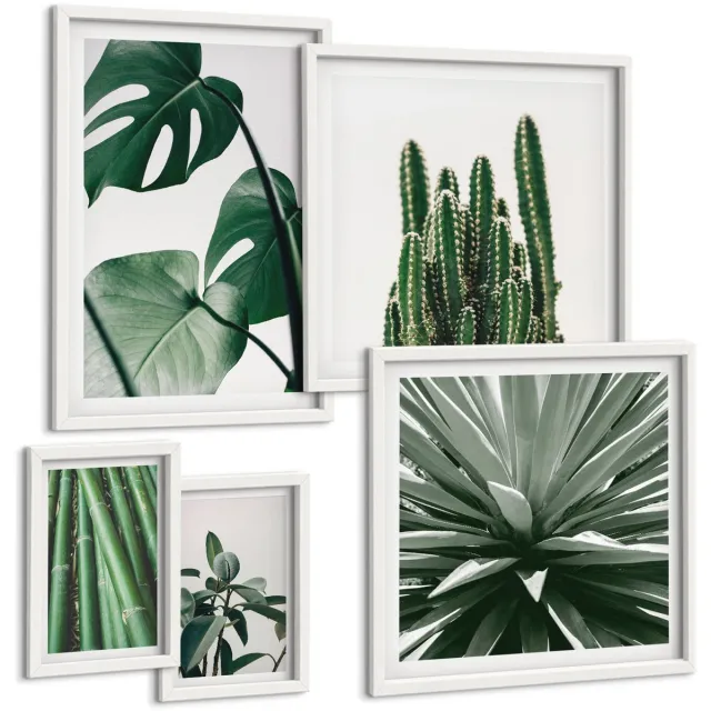 Coloray 5-Delige Schilderij Set - Groene Tropische Planten In Een Modern Interieurontwerp - 50 x 50 cm, 20 x 30 cm En 40 x 60 cm - Stijlvolle Wanddecoratie - Interieur - Moderne Wanddecoratie Witte lijst