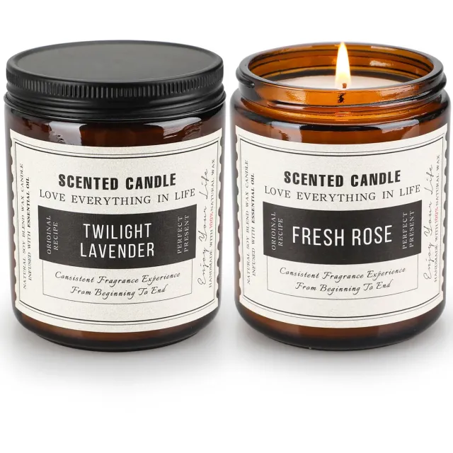 NAIZY Scented Candle Gift Set 200g 2st glazen pot met zwart deksel, geurkaars decoratieve benodigdheden set voor slaapkamer, woonkamer (Lavendel + Sandelhout Rose)