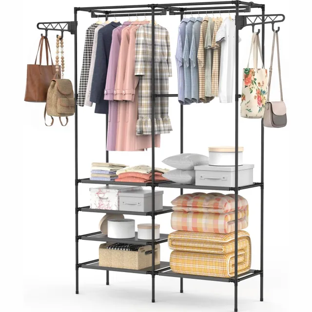 Arvioo Dubbel-kledingrek-102x32x170cm-Zwart-versterkt-met-accessoires
