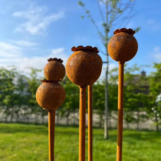 Diron tuinstaal - Set van 3 tuinstekers papaver - tuindecoratie - bloem - metaal roest patina - 95 cm lang. 3 stuks