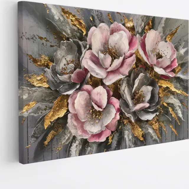Saammp Canvas Schilderij - Abstracte Bloemen met Goud - Roze en Grijs - 40x30 - Foto op canvas - Wanddecoratie - Muurdecoratie Woonkamer - Kantoor Decoratie Multicolor