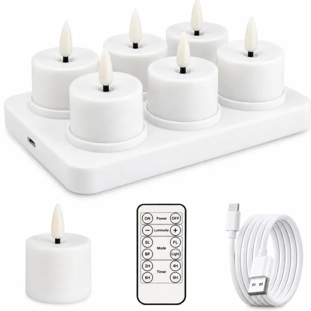 SWGOTA led kaarsen, set van 6 - glad wit, warm licht, Type-C-oplaadbasis met 6 plaatsen, afstandsbediening en laadkabel