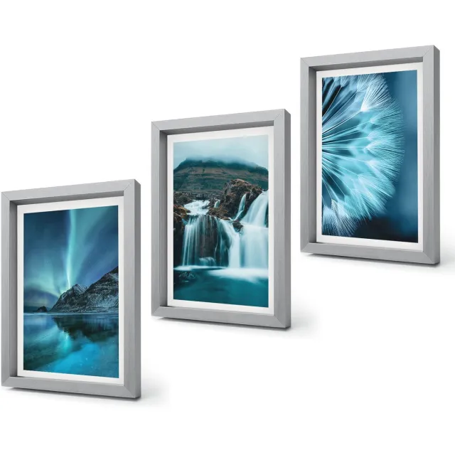 Coloray 4-Delige Schilderij Set - Winterlandschappen met watervallen en het noorderlicht - 20 x 30 cm - Muurdecoratie - Schilderijen Set - Woonkamer - Interieur Decoratie Zilveren lijst