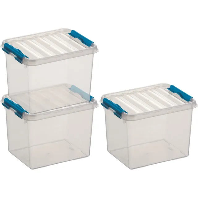 3x sunware q-line opberg box/opbergdoos - 3 liter - 20 x 15 x 14 cm - kunststof - opslagbox - transparant/blauw