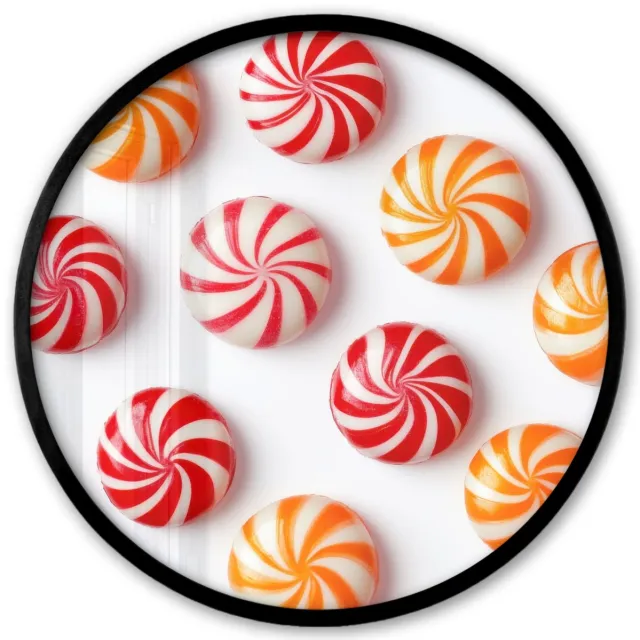 FrameYourWall Poster in lijst Rond - Fotolijst 40x40 cm - Posters - Snoep - Patroon - Rood - Oranje - Ronde posterlijst zwart - Decoratie - Wanddecoratie woonkamer - Muurdecoratie slaapkamer
