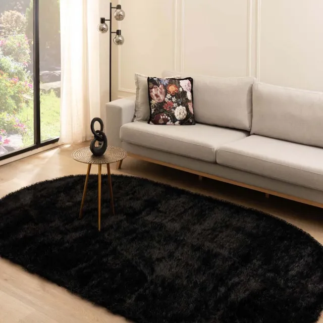 Tapeso Velvet vloerkleed ovaal - Posh zwart 150x240