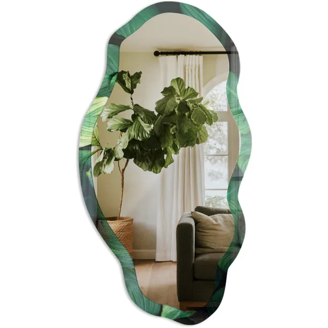 TULUP Groene Bladeren Spiegel - Groen Rechthoekige Spiegel Met Modern Design - Organische Spiegel - Woonkamer - Fotografisch - 45x90 cm - Totale afmeting 52x97 cm Groene BladerenMotief, Groen